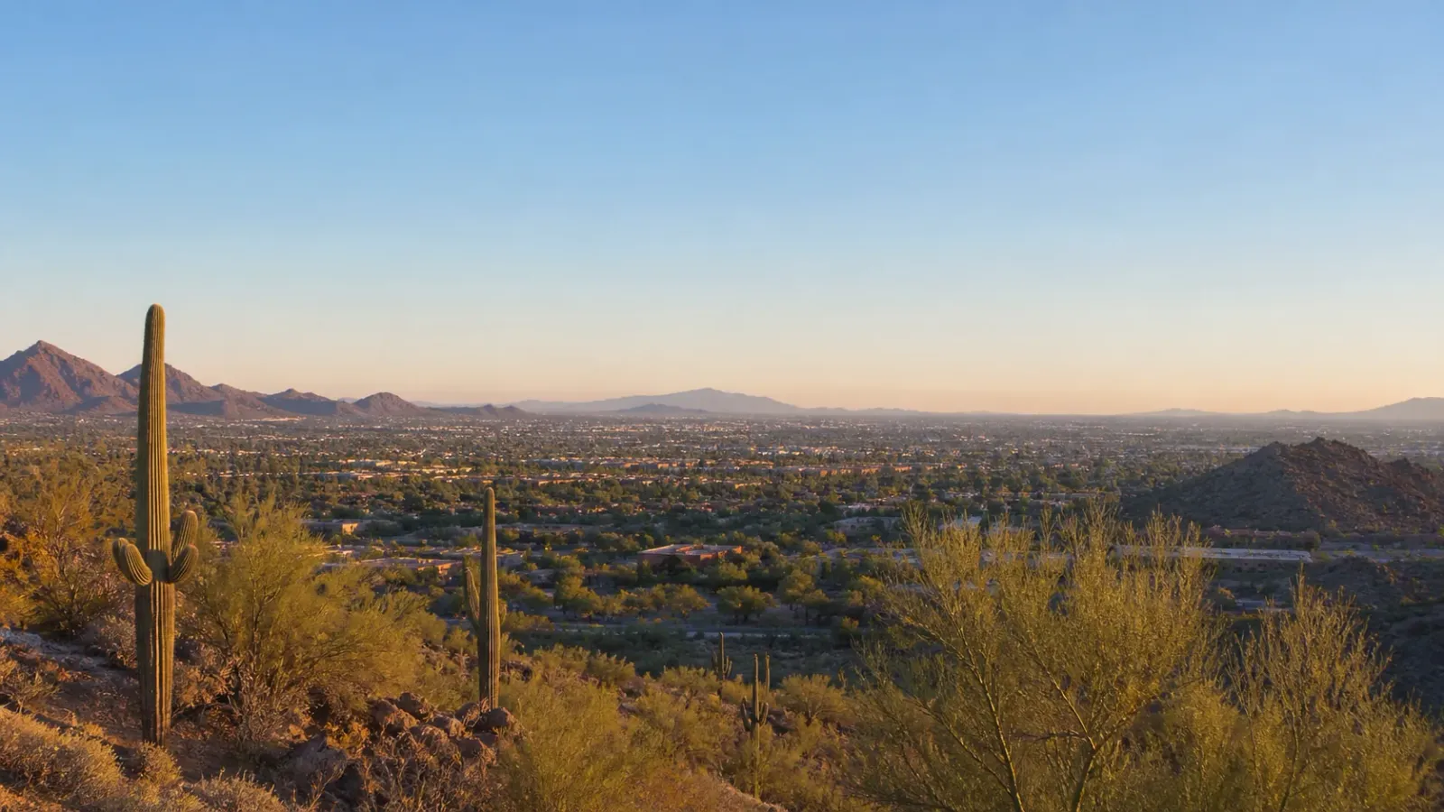 Phoenix Valley at golden hour with desert mountains and saguaro cacti